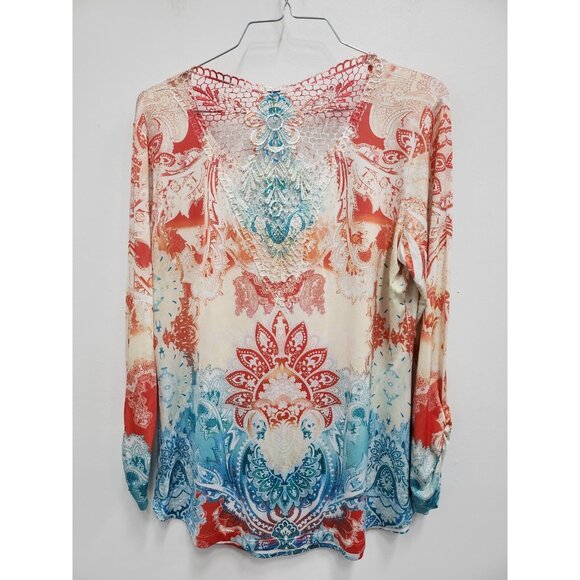Reba Womens BOHO Tunic Top Small Orange Blue Lace Paisley Rhinestone Long Sleeve - Picture 9 of 9
